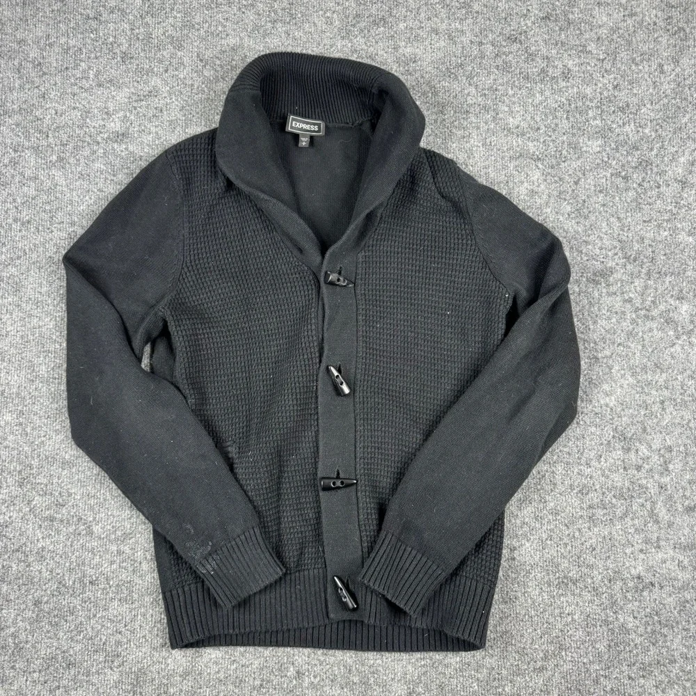 Express Cardigan Mens Size S Black Shawl Collar Toggle Button Cotton Waffle Knit